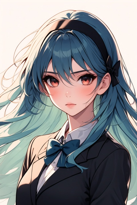  1girl, solo, long hair, looking at viewer, bangs, simple background, shirt, red eyes, white background, bow, hair between eyes, brown eyes, very long hair, closed mouth, school uniform, blue hair, jacket, white shirt, upper body, hairband, collared shirt, bowtie, black jacket, one side up, blazer, black hairband, green bow, light blue hair