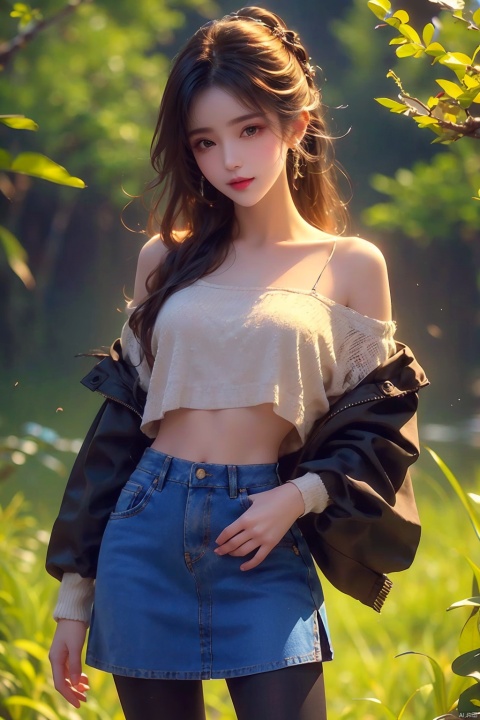 A stunning masterpiece! A young woman stands confidently, looking directly at the viewer with a warm, kind smile. Her long hair flows gently in the breeze as she poses dynamically, one hand on her hip, the other holding a branch from a nearby tree. The denim miniskirt showcases her toned midriff, while black pantyhose adds a touch of elegance. The 3D rendering creates a sense of depth, with the focus on the subject's bare shoulders and collarbone. A blurred background and foreground enhance the DSLR-quality image, capturing every detail in sharp relief.