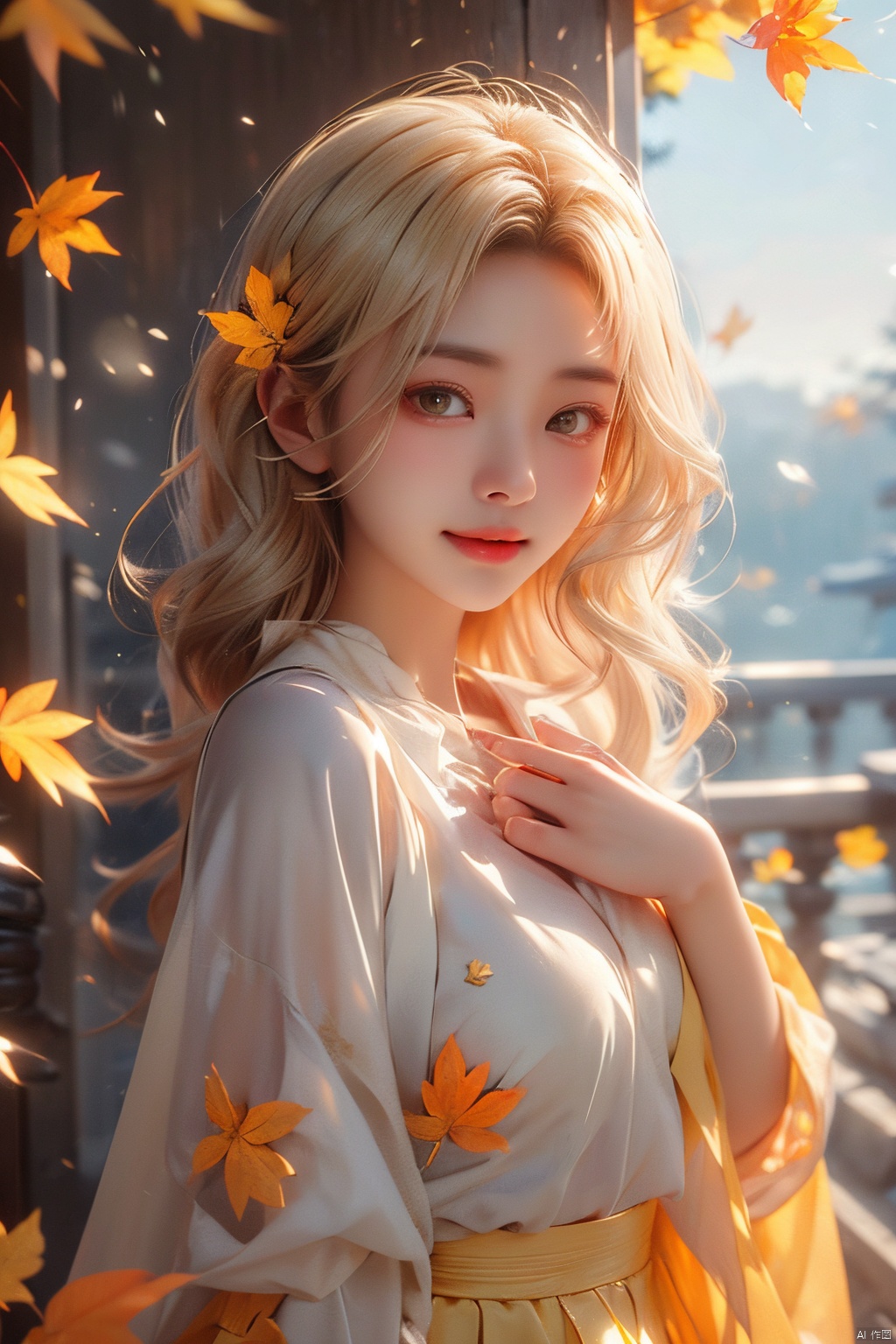  aki shizuha, 1girlaki shizuha blonde hair short hair yellow eyes leaf hair ornamentred shirtskirtlong sleeves, sunset, 8kcg wallpaper, (ultra detailed:1.4), illustration, cinema light, autumn leaves season, 1girl, autumn leaves hair ornament, blush, open mouth, smile, one eye closed, looking out of the viewer, (((touch your hair with one hand))), autumn evening, swaying wind, beautiful background, sunlight filtering through the foliage, scattered light
, (\meng ze\), jiqing, (\MBTI\), mjuanlian