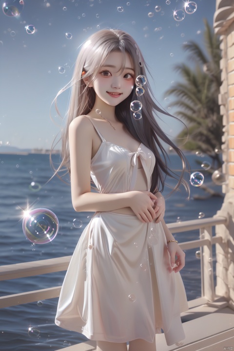  (bubble:1.5),masterpiece, best quality, incredibly_absurdres,1 girl, cowboy_shot,standing,high detail,high details,depth of field,perspective,foreshortening,ray tracing,medium_breasts,outdoors,sky,smile,^o^,backlight, white dress,sleeveless dress,sparkling eyes,hug,girl, cozy anime,1girl,black skirt,bare shoulders,(frilled waist apron),(white pantyhose),black footwear,(loli:1.3),female child,outdoor,(night:1.3),sky,(star),(star \(sky\):1.2),ocean,beach,trees,building,light,depth of field,wind,cowboy shot,light smile, , ray tracing, simple drawing, (\meng ze\)