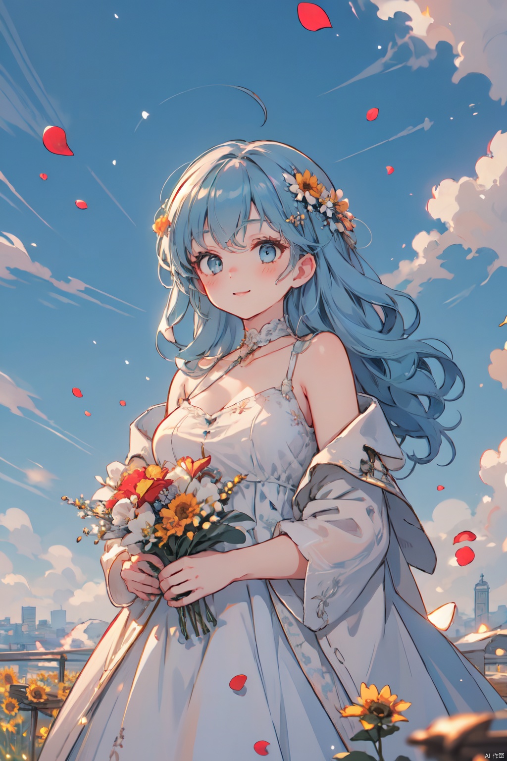  1 girl,flowers (innocent grey),Sky blue hair,standing,1girl, bangs, blue_sky, blush, bouquet, breasts, city, cityscape, cloud, cloudy_sky, collarbone, confetti, daisy, day, falling_petals, fence, ferris_wheel, field, flower, flower_field, hair_ornament, hairclip, holding, holding_flower, house, jacket, leaves_in_wind, long_hair, long_sleeves, looking_at_viewer, open_clothes, open_jacket, outdoors, petals, rose_petals, sky, skyline, skyscraper, smile, solo, sunflower, tower, upper_body, wind, windmill, yellow_flower, (wide shot, mid shot, panorama), blurry,Nebula, flowing skirts,（smoke）,Giant flowers, light master, (\shen ming shao nv\)