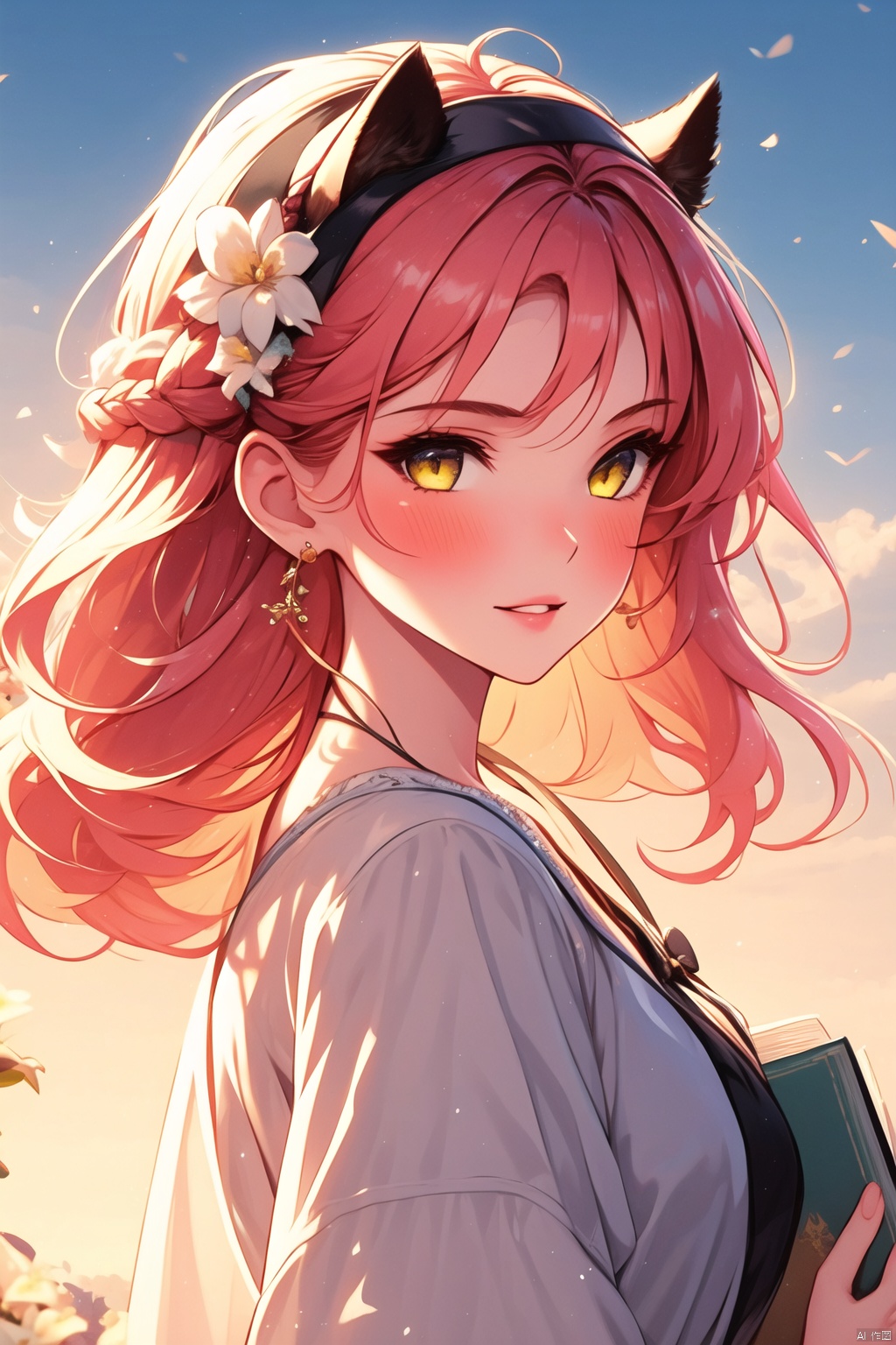 1girl, solo, long hair, looking at viewer, blush, smile, bangs, hair ornament, bow, animal ears, jewelry, yellow eyes, upper body, pink hair, braid, flower, hair bow, hairband, earrings, outdoors, parted lips, alternate costume, cat ears, from side, looking to the side, book, single braid, blue bow, plant, white flower, hair over shoulder, floppy ears, goldenglow \(arknights\)