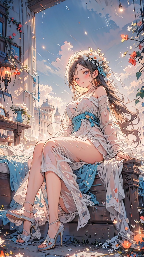  1girl,full body,sitting,high heels,,indoors,hair stick,vivid,colorful, boyfriend, stars,night,window,big breasts,spare legs, (\fan hua\), (\long yun heng tong\)