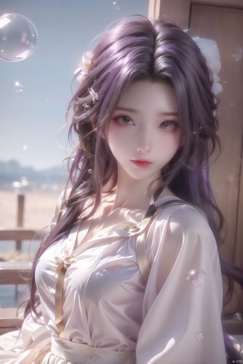  (bubble:1.5),1girl,solo. purple hair, red eyes, hairclip, long hair, very long hair, white shirt, school uniform, pleated skirt, plaid skirt, cowboy shot, solo focus, (\meng ze\), qingyi, Light master, (\MBTI\), jiqing, 1girl