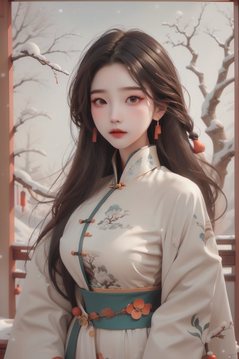  (best quality), ((masterpiece)), (highres), illustration, original, extremelydetailed,licg, 1girl, snow, black hair, solo, upper body, long hair, hair ornament, dress, jewelry, earrings, tree, snowing, white dress, winter, chinese clothes, licg, concept art, (\meng ze\), (\ji jian\), chinese dress