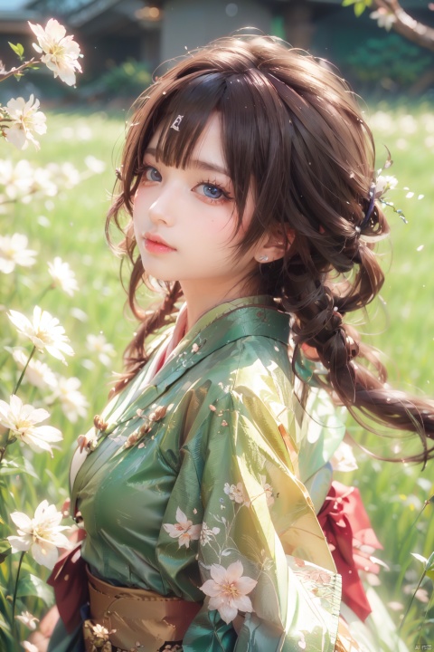  (grass:1.5),1girl, artist_name, bangs, blunt_bangs, border, branch, cherry_blossoms, flower, from_side, hair_flower, hair_ornament, japanese_clothes, kimono, long_hair, looking_at_viewer, looking_to_the_side, parted_lips, petals, red_kimono, solo, upper_body, white_border, official, ((poakl)), (\shen ming shao nv\)