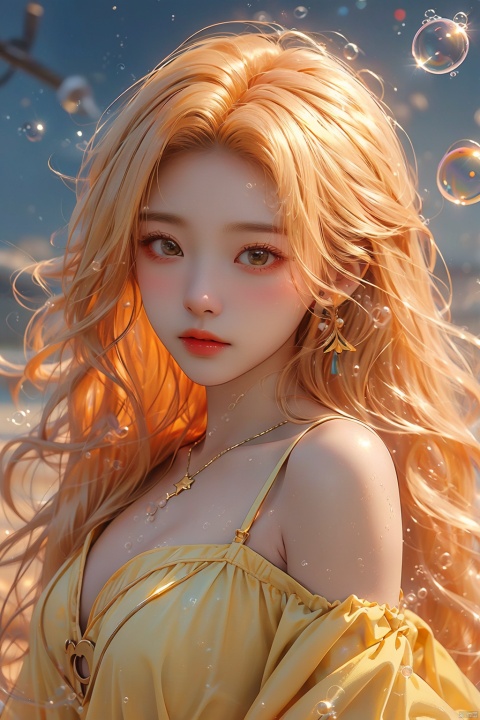  (bubble:1.5),1girl,Bangs, off shoulder, colorful_hair, ((colorful hair)), yellow eyes, chest, necklace, earrings, floating hair, jewelry, sleeveless, very long hair,Looking at the observer, parted lips, pierced,energy,electricity,magic,tifa,sssr,blonde hair,jujingyi, (gold armor), liuyifei, (\xing he\), (\shuang hua\), (\meng ze\)