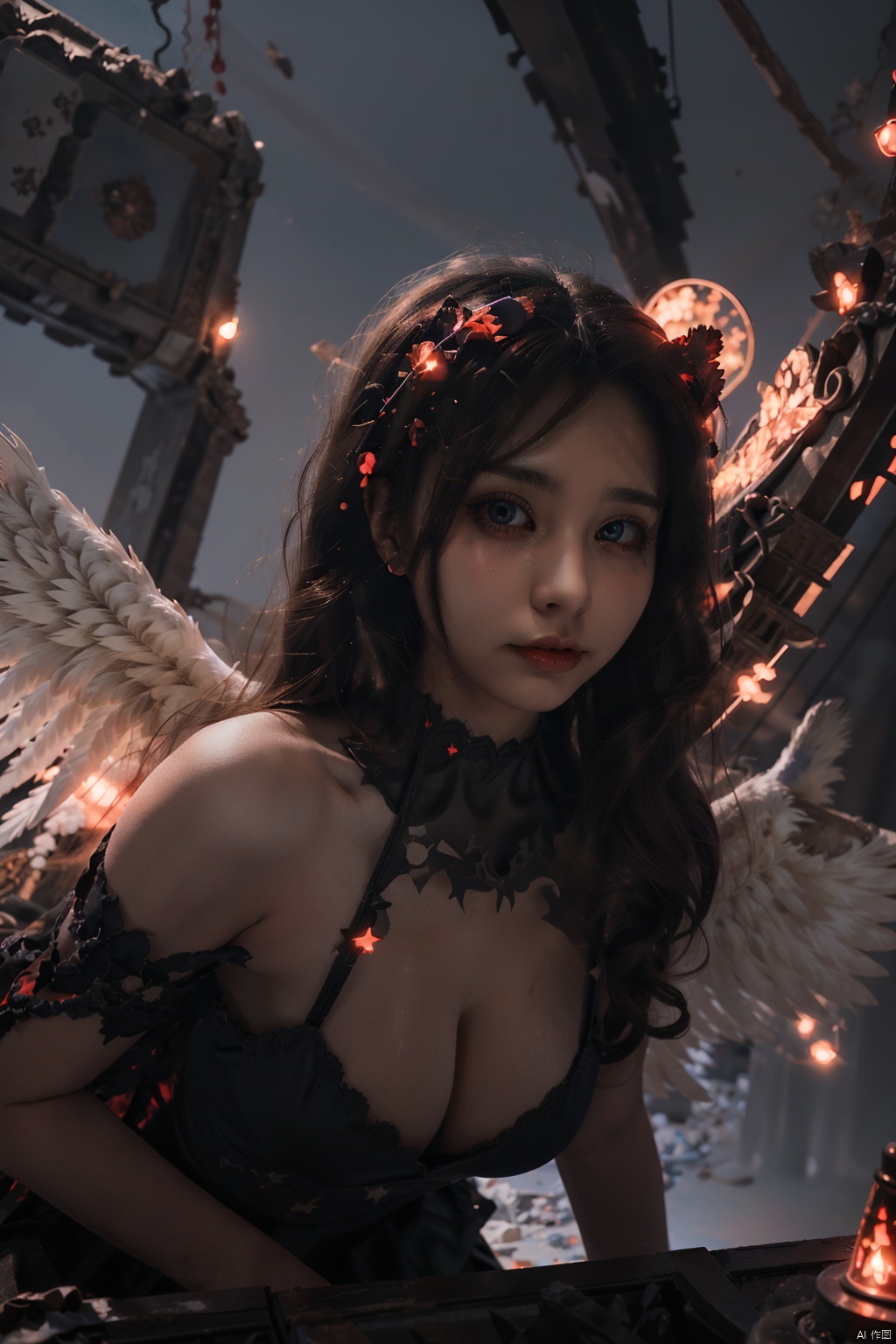 create fallen archangel,detailed angel wins, bloodlust, red glowy eyes, eerie, creepy, nightmarish, very bright colors, light particles, wallpaper art, cosmic energy,high detailed