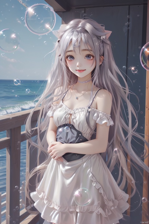  (bubble:1.5),masterpiece, best quality, incredibly_absurdres,1 girl, cowboy_shot,standing,high detail,high details,depth of field,perspective,foreshortening,ray tracing,medium_breasts,outdoors,sky,smile,^o^,backlight, white dress,sleeveless dress,sparkling eyes,hug,girl, cozy anime,1girl,black skirt,bare shoulders,(frilled waist apron),(white pantyhose),black footwear,(loli:1.3),female child,outdoor,(night:1.3),sky,(star),(star \(sky\):1.2),ocean,beach,trees,building,light,depth of field,wind,cowboy shot,light smile, , ray tracing, simple drawing, (\meng ze\)