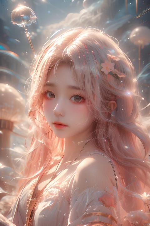 (bubble:1.5), 1girl,wearing Collectable Space Age Pearlescent Bracers, soft focus, Modern Art, （key light：1.2）,flower,jellyfish, Grayscale, glittering, runes,( Light streaks:1.3), （highly detailed：1.3）, 8K,jellyfishforest,,Fractal,smoke, cloud,Soaring through the clouds and mist, Colored hair,Colored smoke,moyou, Multidimensional diffraction paper, , glow, (\meng ze\)