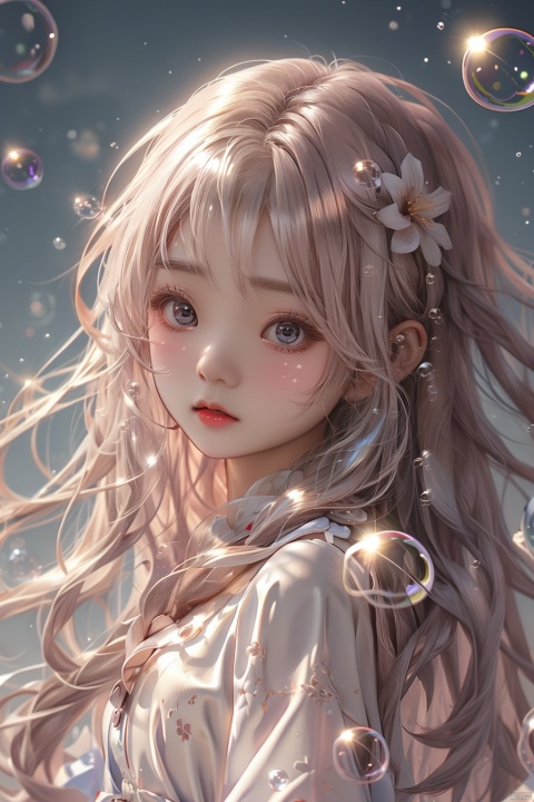  (bubble:1.5),(masterpiece, extremely detailed 8k wallpaper,best quality), (best illumination, best shadow, extremely delicate and beautiful), floating, finely detail, Depth of field (bloom), (shine), glinting stars,classic, (illustration), (sketch),(panorama),detailed eyes,perfect face,
upper_body,white background,
1 girl,solo,
blue hair,long hair,loli,brown eyes,hair ribbon,
white dress,long sleeves,
, (\meng ze\)