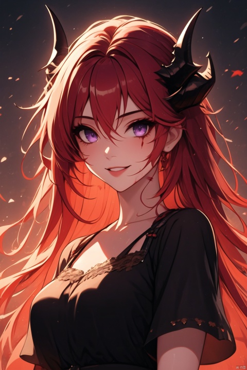  1girl, solo, long hair, looking at viewer, smile, bangs, dress, hair between eyes, purple eyes, upper body, red hair, horns, blood, demon girl, slit pupils, demon horns, blood on face, chest strap, surtr \(arknights\)