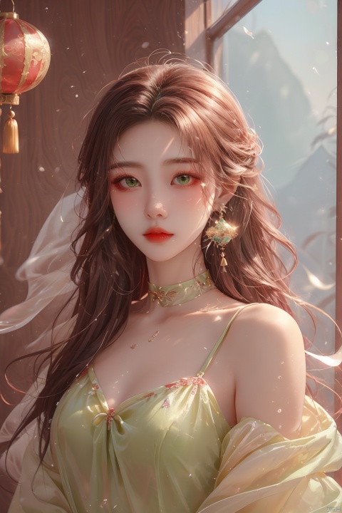  masterpiece, best quality, ice, A girl, silk, cocoon, spider web, Solo, Complex Details, Color Differences, Realistic, (Moderate Breath), Green Eyes, Earrings, Sharp Eyes, Perfect Fit, Choker, Dim Lights, cocoon, transparent, jiBeauty, Ink scattering_Chinese style, hydress-hair ornaments, (\meng ze\)