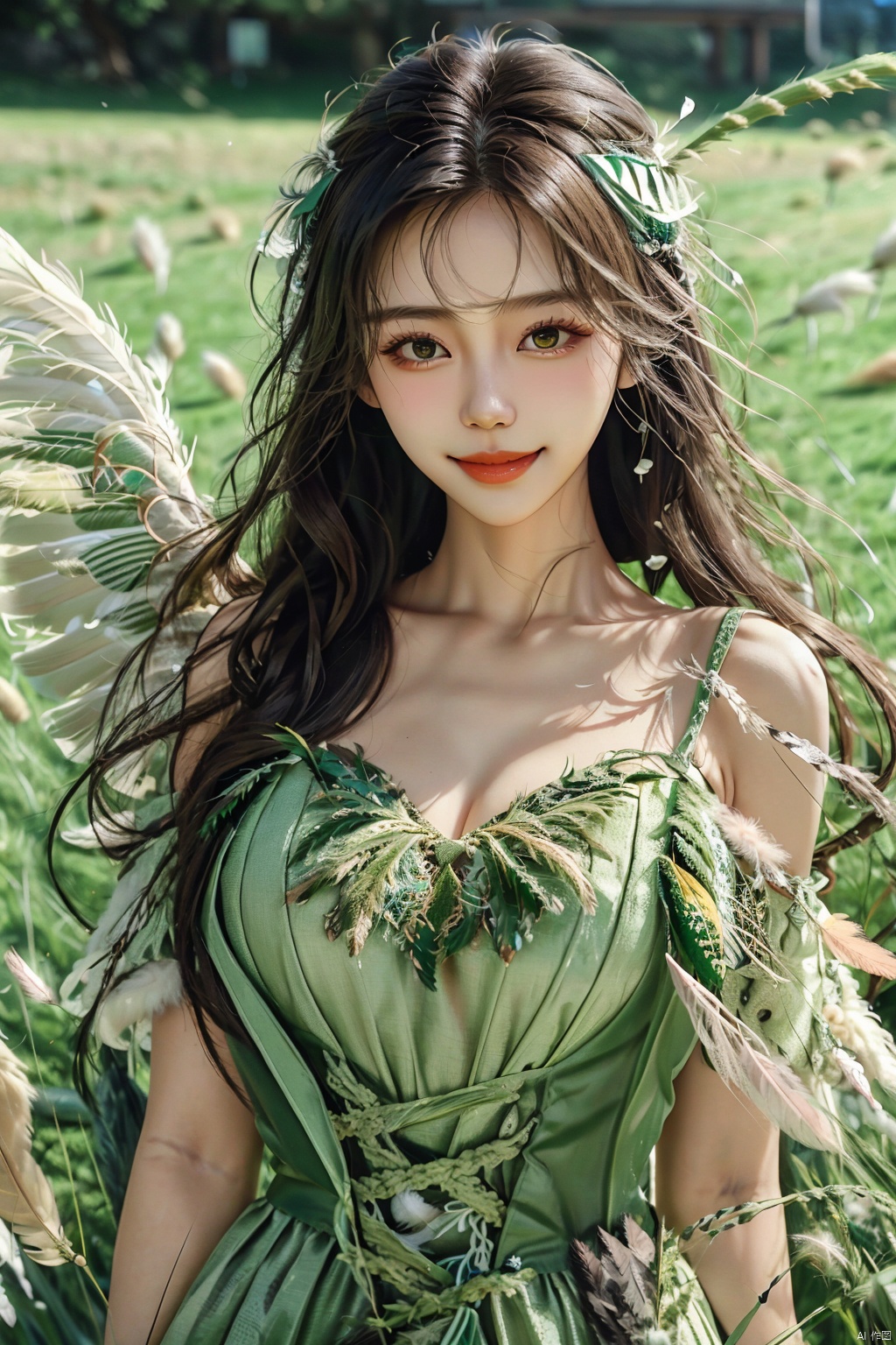  (grass:1.5),1girl,a gorgeous long dress made of feathers,green feather,huge feathers,complex background,beautiful background,(feathers everywhere:1.3),depth of field level,,kind smile,looking_at_viewer,Dynamic pose, BY MOONCRYPTOWOW, angel