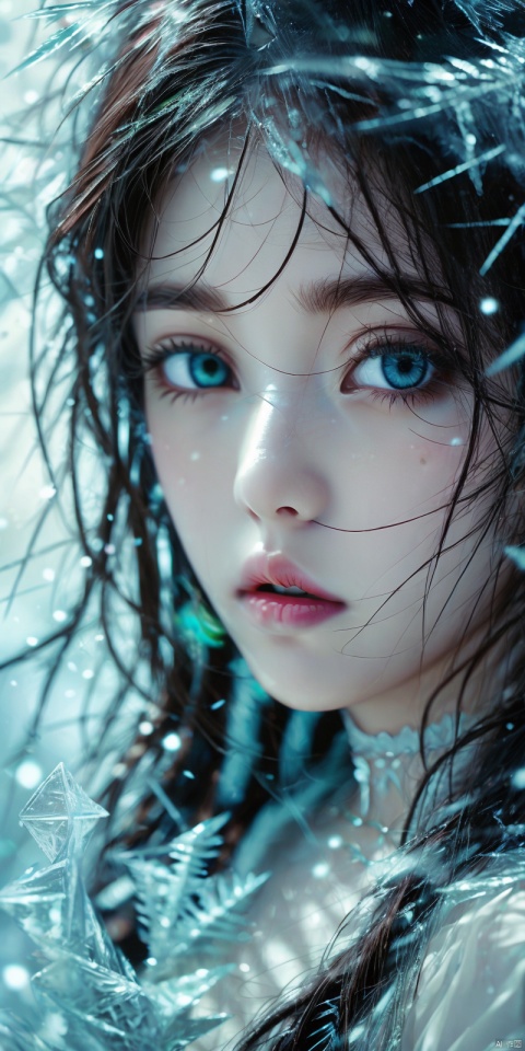 (ice:1.5), A girl, silk, cocoon, spider web, Solo, Complex Details, Color Differences, Realistic, (Moderate Breath), Off Shoulder, Eightfold Goddess, Pink Long Hair, White Headwear, Hair Above One Eye, Green Eyes, Earrings, Sharp Eyes, Perfect Fit, Choker, Dim Lights, cocoon, transparent, jiBeauty, 1girl, flowers, mtianmei, Look at the camera., flowing skirts, Giant flowers, good hands, dofas, lizhien, ((poakl)), (\shuang hua\)