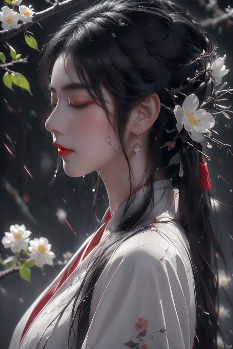  (\yan yu\),rainning,1girl, solo, long hair, closed eyes, black hair, from side, flower, upper body, profile, branch, red lips, lips, eyelashes