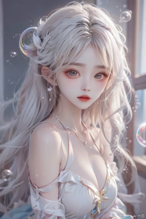  (bubble:1.5),naked skirt,nudist,Nude,1girl,white hair,hair ornament,mature female,shell,pearl,looking at viewer,jewelry,detailed face, (\meng ze\)