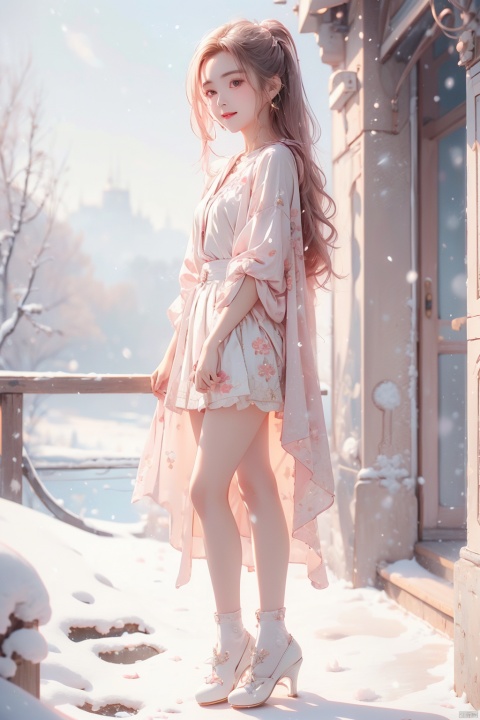  1 girl,Transparent skirt,pink face,stockings,(snow:1.2),(snowing:1.2),peach blossom,snow,solo,scarf,pink hair,smile,long hair,bokeh,realistic,long coat,blurry, captivating gaze, embellished clothing, natural light, shallow depth of field, romantic setting, dreamy pastel color palette, whimsical details, captured on film,. (Original Photo, Best Quality), (Realistic, Photorealistic: 1.3), Clean, Masterpiece, Fine Detail, Masterpiece, Ultra Detailed, High Resolution, (Best Illustration), (Best Shadows), Complex, Bright light, modern clothing, (pastoral: 1.3), smiling,standing,(very very short skirt:1.5),knee socks,(white shoes: 1.4),long legs, forest, grassland,(view: 1.3), 21yo girl, striped, , capricornus, 1girl, light master, Light master, ((poakl)), wangzuxian,yuzu,high_heels,yellow_footwear,long_hair,black_hair, (\meng ze\)
