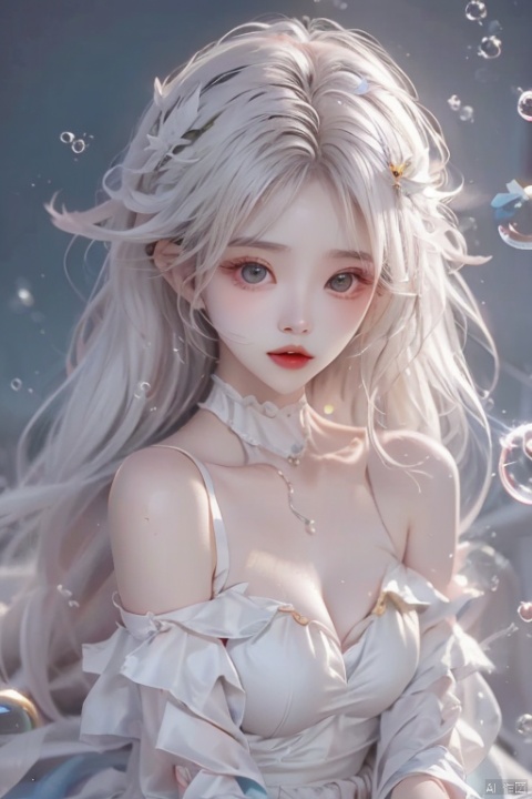  (bubble:1.5),naked skirt,nudist,Nude,1girl,white hair,hair ornament,mature female,shell,pearl,looking at viewer,jewelry,detailed face, (\meng ze\)