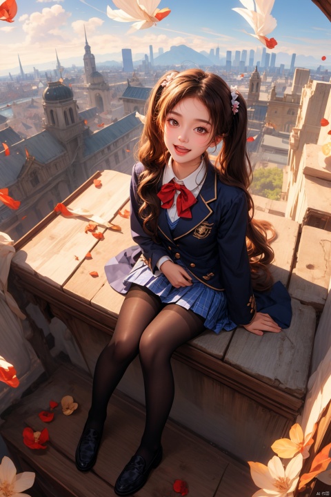  (best quality),((masterpiece)),(highres),illustration,original,extremely detailed,1girl,solo,pantyhose,long hair,twin_tails,school uniform,skirt,black pantyhose,falling petals,hime cut,smile,open mouth,very long hair,,zettai ryouiki,navel,full body,from above,rooftop,sky,black_loafers,,black hair,sitting,fisheye,wind_lift, (\shen ming shao nv\)