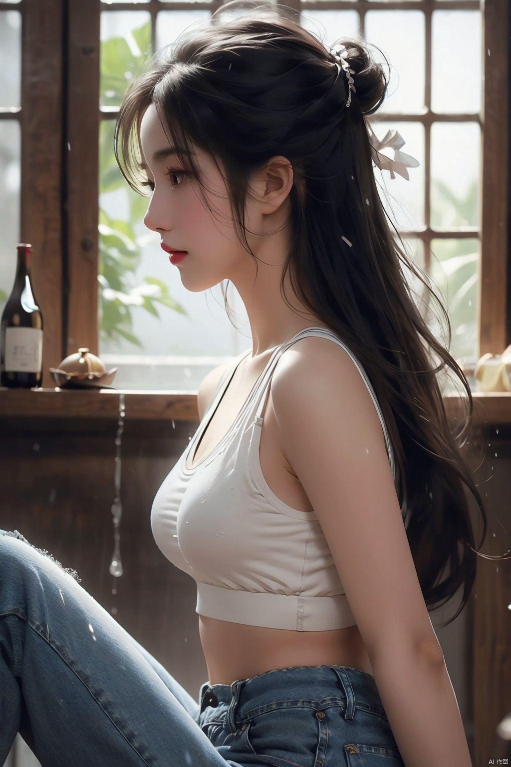 1girl, solo, long hair, breasts, black hair, sitting, underwear, parted lips, midriff, pants, indoors, bra, blurry, black eyes, from side, lips, profile, blurry background, bottle, denim, white bra, jeans, sports bra, realistic,rainning