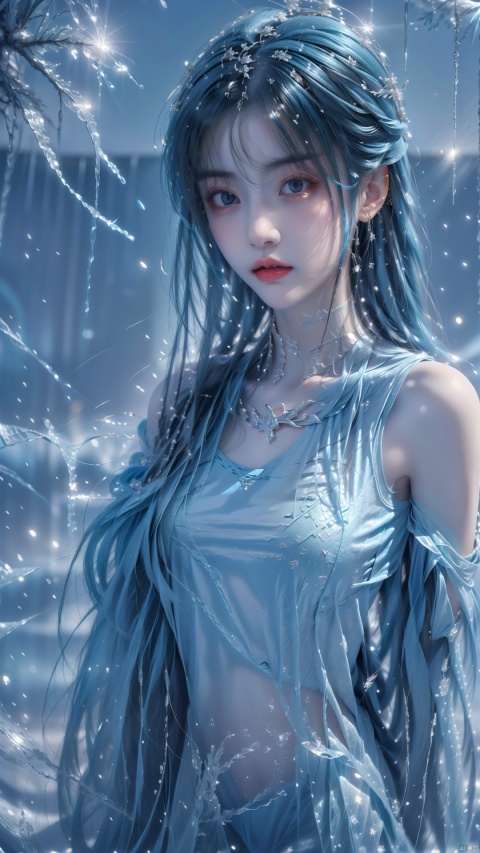  ice,girl, blue hair, very long hair, upper body, (\shuang hua\), 1girl, Ice wraps around the girl (lingering:1.2)