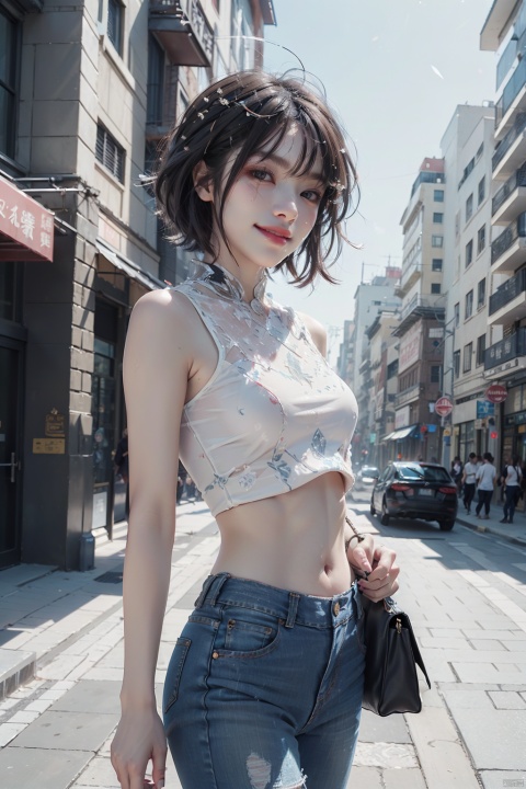  (ice:1.5), sdmai, chaziyanhong, , 1woman, bodycon crop top and jeans, on a street, smiling, cinematic, professional photography, photogenic, natural lighting, bob hair, flat bangs, brown hair, (\shuang hua\), (\huo yan shao nv\), ((poakl)), Light master