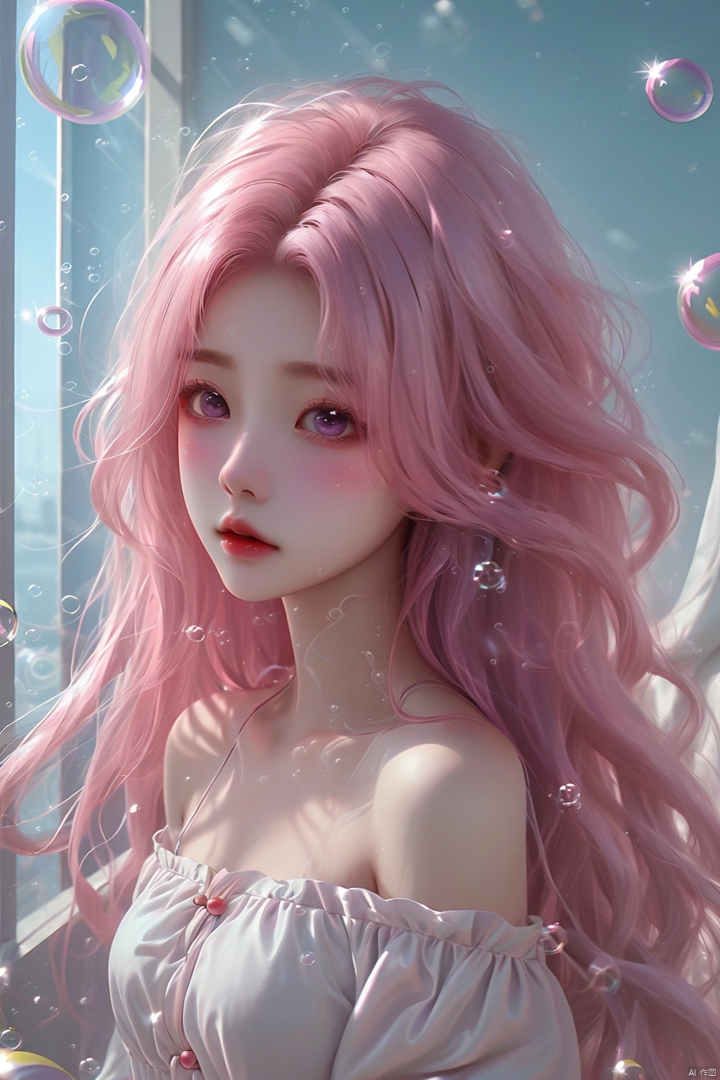  (bubble:1.5),1girl, solo, long hair, dress, bare shoulders, purple eyes, collarbone, upper body, pink hair, parted lips, off shoulder, white dress, floating hair, looking away, wind, (\meng ze\), Light master, 1 girl