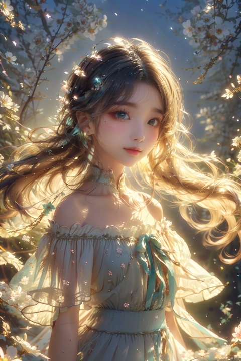  (best quality), (masterpiece),anime, female character, flowing hair, aqua hair, floral hair accessory, fantasy, ethereal, glowing, pastel colors, delicate pose, serene expression, translucent fabric, illustrated artwork, portrait style, dark background with floral elements, supernatural, ethereal atmosphere, long hair, light effects, high-resolution digital art, youthful appearance, off-shoulder dress, ribbons, water-like elements, magical theme, (\shen ming shao nv\), ((poakl)), jiqing