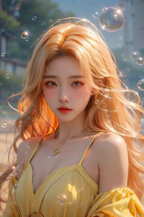  (bubble:1.5),1girl,Bangs, off shoulder, colorful_hair, ((colorful hair)), yellow eyes, chest, necklace, earrings, floating hair, jewelry, sleeveless, very long hair,Looking at the observer, parted lips, pierced,energy,electricity,magic,tifa,sssr,blonde hair,jujingyi, (gold armor), liuyifei, (\xing he\), (\shuang hua\), (\meng ze\)