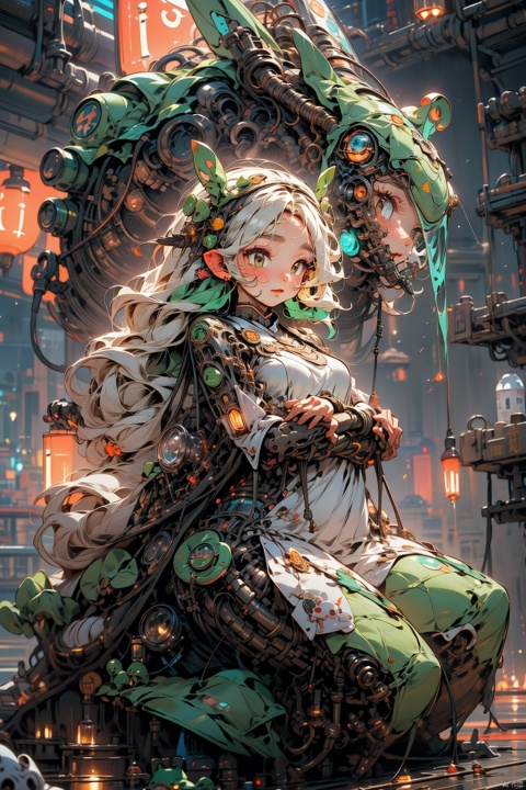  Miao Frog Seed, Little Girl, (cute), Yellow Skin, Long Ears, Vine Tail, Texture, Leaves, Pokemon_\ (Biology ), solo, kneeling, blind box, Q version, green full body, green theme, mecha, mechanical frog, (mechanical parts: 0.5), hm, by, (\shen ming shao nv\)