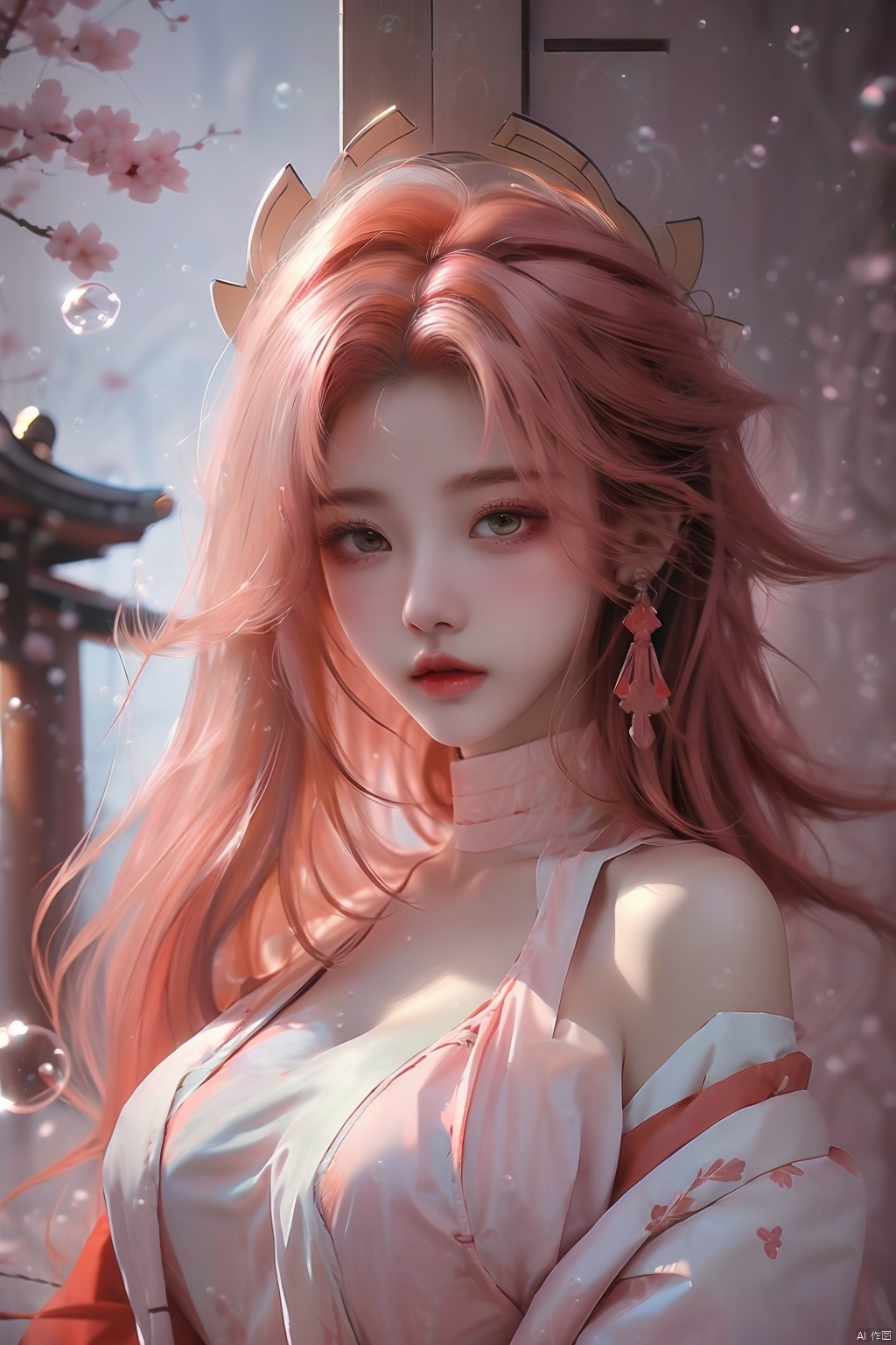  (bubble:1.5),(Masterpiece, Excellent, 1girl, solo, complex details, color difference), realism, ((medium breath)), off-the-shoulders, (bubble:1.5),big breasts, sexy, Yae Miko, long pink hair, red headdress, red highlight, hair above one eye, green eyes, earrings, sharp eyes, perfectly symmetrical figure, choker, neon shirt, open jacket, turtleneck sweater, against the wall, brick wall, graffiti, dim lighting, alley, looking at the audience, ((mean, seductive, charming)), ((cherry blossom background ))),((Japanese temple background)))), (((Glow-in-the-dark background))), yae miko, (\meng ze\)