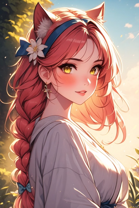  1girl, solo, long hair, looking at viewer, blush, smile, bangs, hair ornament, bow, animal ears, jewelry, yellow eyes, upper body, pink hair, braid, flower, hair bow, hairband, earrings, outdoors, parted lips, alternate costume, cat ears, from side, looking to the side, book, single braid, blue bow, plant, white flower, hair over shoulder, floppy ears, goldenglow \(arknights\)