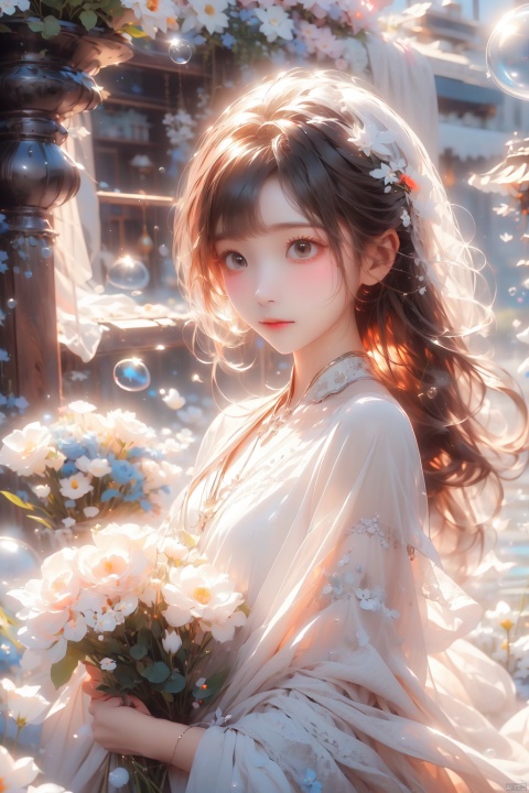  (bubble:1.3), 1 girl, cute, white dress, holding a bouquet of flowers, black short hair, light white wall, (\meng ze\), (\MBTI\), mjuanlian, jiqing,bubble, 1girl