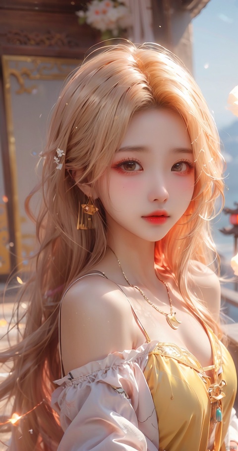  1girl,Bangs, off shoulder, colorful_hair, ((colorful hair)), yellow eyes, chest, necklace, earrings, floating hair, jewelry, sleeveless, very long hair,Looking at the observer, parted lips, pierced,energy,electricity,magic,tifa,sssr,blonde hair,jujingyi, (gold armor), liuyifei, (\xing he\), (\shuang hua\), (\meng ze\)