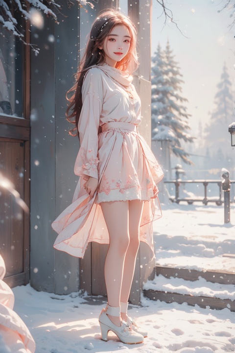  1 girl,Transparent skirt,pink face,stockings,(snow:1.2),(snowing:1.2),peach blossom,snow,solo,scarf,pink hair,smile,long hair,bokeh,realistic,long coat,blurry, captivating gaze, embellished clothing, natural light, shallow depth of field, romantic setting, dreamy pastel color palette, whimsical details, captured on film,. (Original Photo, Best Quality), (Realistic, Photorealistic: 1.3), Clean, Masterpiece, Fine Detail, Masterpiece, Ultra Detailed, High Resolution, (Best Illustration), (Best Shadows), Complex, Bright light, modern clothing, (pastoral: 1.3), smiling,standing,(very very short skirt:1.5),knee socks,(white shoes: 1.4),long legs, forest, grassland,(view: 1.3), 21yo girl, striped, , capricornus, 1girl, light master, Light master, ((poakl)), wangzuxian,yuzu,high_heels,yellow_footwear,long_hair,black_hair, (\meng ze\)