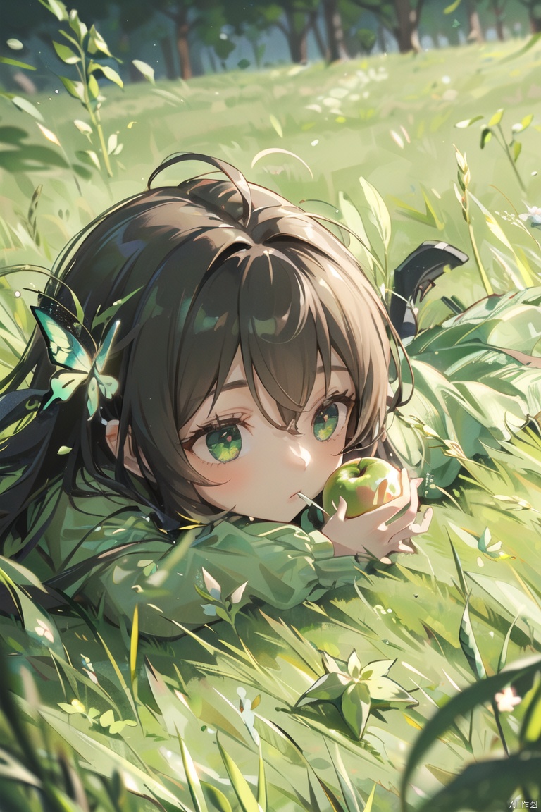  (grass:1.5),1girl, solo, a green apple and flowers at the bottom,a hedgehog crawls over an apple and sniffs a butterfly
