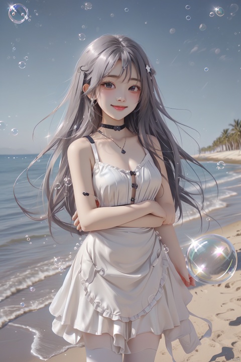  (bubble:1.5),masterpiece, best quality, incredibly_absurdres,1 girl, cowboy_shot,standing,high detail,high details,depth of field,perspective,foreshortening,ray tracing,medium_breasts,outdoors,sky,smile,^o^,backlight, white dress,sleeveless dress,sparkling eyes,hug,girl, cozy anime,1girl,black skirt,bare shoulders,(frilled waist apron),(white pantyhose),black footwear,(loli:1.3),female child,outdoor,(night:1.3),sky,(star),(star \(sky\):1.2),ocean,beach,trees,building,light,depth of field,wind,cowboy shot,light smile, , ray tracing, simple drawing, (\meng ze\)