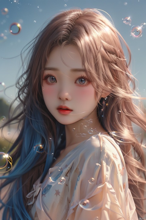  (bubble:1.5),(masterpiece, extremely detailed 8k wallpaper,best quality), (best illumination, best shadow, extremely delicate and beautiful), floating, finely detail, Depth of field (bloom), (shine), glinting stars,classic, (illustration), (sketch),(panorama),detailed eyes,perfect face,
upper_body,white background,
1 girl,solo,
blue hair,long hair,loli,brown eyes,hair ribbon,
white dress,long sleeves,
, (\meng ze\)