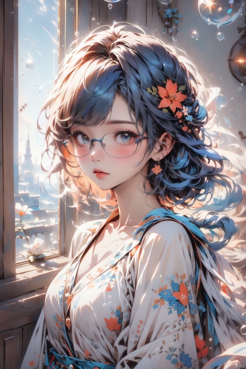  1girl,glowing,blue hair,glasses,bubble,short hair,sewater,standing,masterpiece,best quality,windows,bangs,flower,simple_background, jiqing, Light master