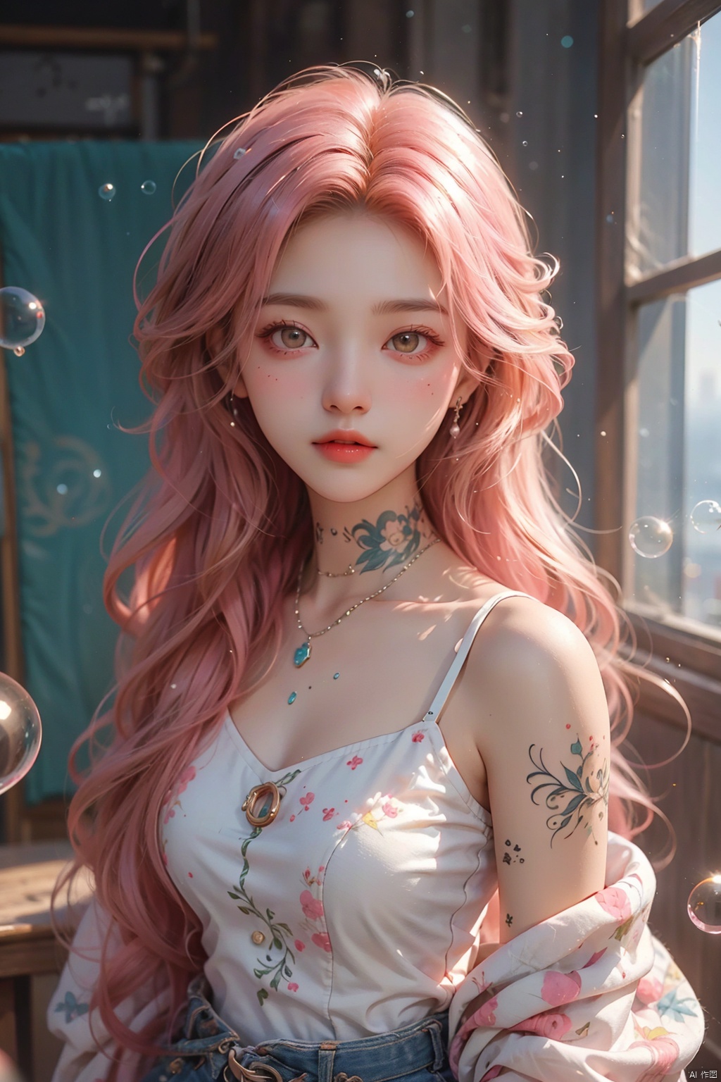  pink hair,bubble,Watercolor 2D Sidescroller,emitting a sense of excitement,a female [Ogre|Witch|k-pop] girl with armored cargo shorts,mecha suit,pink eyes,decorated with complex patterns and beautiful tattoo,Bob,4k,hdr,extremely detailed,Resident Evil 2, (\meng ze\)