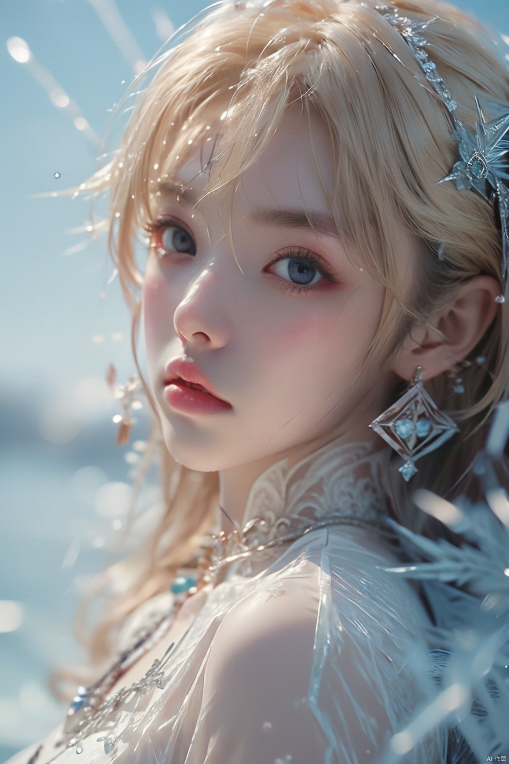 (ice:1.5), masterpiece, 1 girl, Stand, {blonde hair}, jewelry, Earrings, Necklace, {JK}, Newspaper wall, huge filesize, extremely detailed, 8k wallpaper, highly detailed, best quality, yunqing, qrx, qianrenxue, xiaowu, WZRYdajiJW, dyzgqzm, (\shuang hua\), (\huo yan shao nv\), ((poakl)), Light master