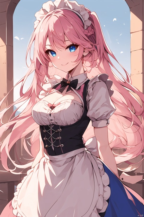  enmaided, 1girl, long hair, pink hair, cleavage, blue eyes, maid skirt, smile, looking at the audience, jiqing