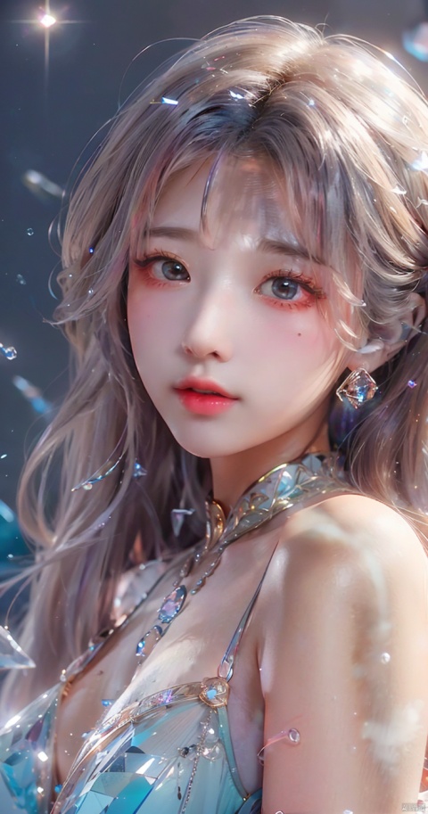  (bubble:1.5),masterpiece,best quality,masterpiece,best quality,official art,extremely detailed CG unity 16k wallpaper,masterpiece,thigh,((1girl)),(science fiction:1.1),(ultra-detailed crystallization:1.5),(crystallizing girl:1.5),kaleidoscope,((iridescent:1.5) long hair),(glittering silver eyes),sitting,surrounded by colorful crystals,blue skin,(skin fusion with crystal:1.8),looking up,face focus,simple dress,transparent crystals,flat dark background,lens flare,prism, 1 girl, (\meng ze\)