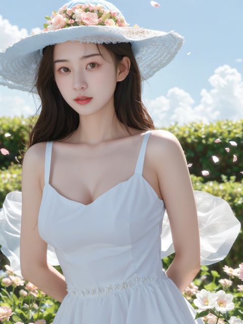  masterpiece, 1 girl, 18 years old, Look at me, long_hair, straw_hat, Wreath, petals, Big breasts, Light blue sky, Clouds, hat_flower, jewelry, Stand, outdoors, Garden, falling_petals, White dress, textured skin, super detail, best quality, Trainee Nurse, tianxiu, flower