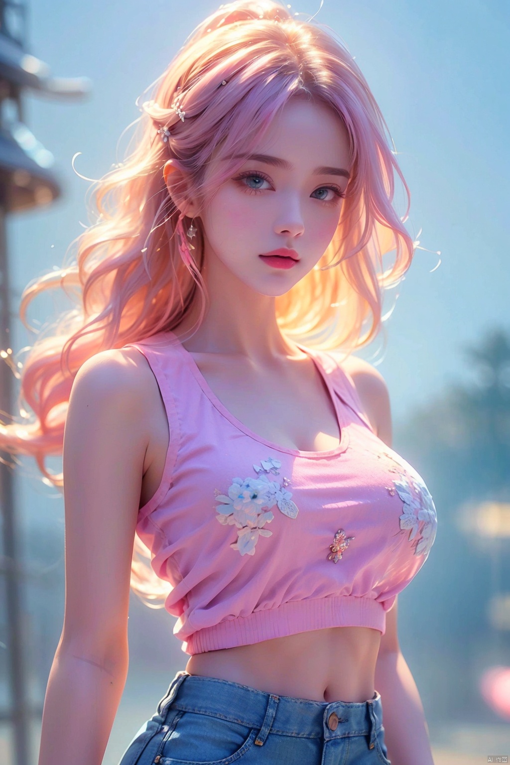 1 girl, (8k, original photo, best quality, Masterpiece: 1.3), (realistic, realistic: 1.37), (daytime), (Looking at the audience: 1.331), Posing, (Tokyo Tower:1.4), ((Daytime City View)), (Real city),((Clear background)), soft light, 1 girl, extremely beautiful face, ((Perfect lively breasts)), (Big boobs:1.5),(Bare cleavage:1.2), put down hands, random hairstyle, (Long light pink hair:1.5), random expression, big eyes, small belly,((((White short **** top)))), ((((Light blue denim short shorts)))), mix4, an extremely delicate and beautiful girl, beautiful face,beautiful eyes, beautiful girl, 8k wallpaper, (best quality: 1.12), (Detailed: 1.12), (Complex: 1.12), (Ultra Detailed: 1.12), (Advanced: 1.12), Ultra Detailed, Ultra Detailed, High Resolution Illustration, Color, 8k wallpaper, highres, Movie Light, Ray Tracing, (8k, Original photo, best Quality, Masterpiece, Ultra High, Ultra Detailed: 1.2), ((realistic, photo-realistic)),yuzu,(large breasts),(breast expansion), (cleavage),