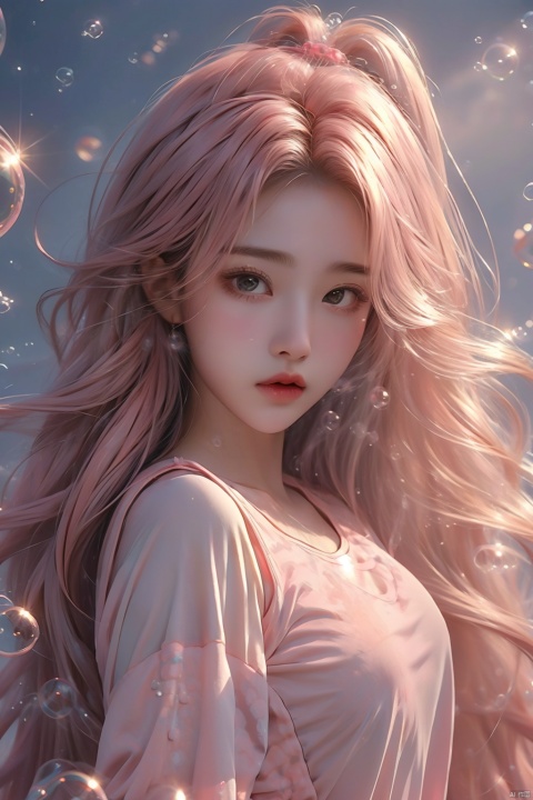  (bubble:1.5),1 girl, pink long hair, wind blown hair, close-up, Tight yoga clothing, Half-body