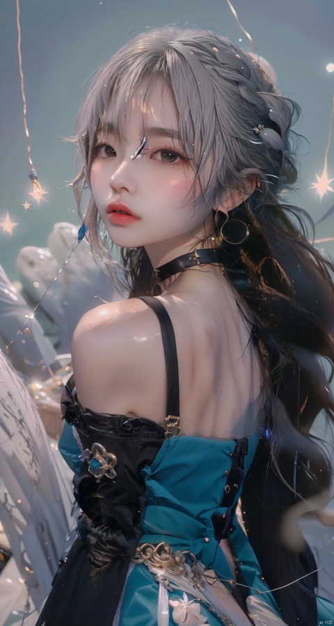  Colorful background, 1girl, long hair, solo, jewelry, looking at viewer, earrings, upper body, red choker, bangs, choker, bare shoulders, closed mouth, hair intakes, dress, wavy hair, sleeveless, necklace, grey hair, white hair, head tilt, msaibo, evil, mjiaocha, looking back, , official,greeneyes, (\xing he\)