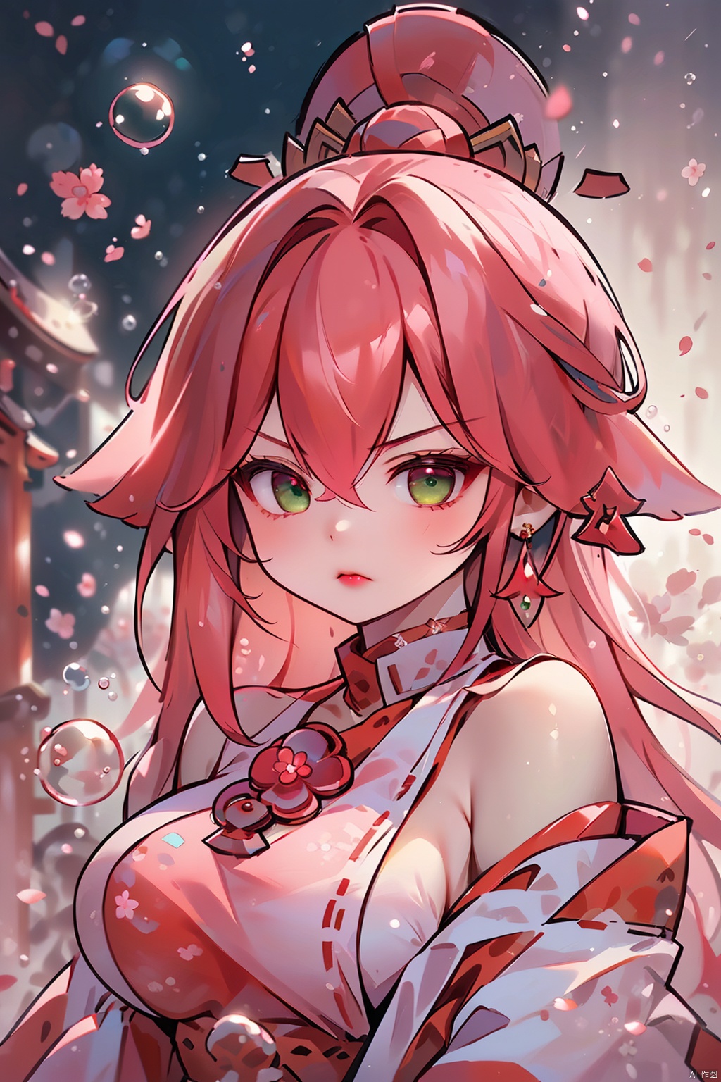  (bubble:1.5),(Masterpiece, Excellent, 1girl, solo, complex details, color difference), realism, ((medium breath)), off-the-shoulders, (bubble:1.5),big breasts, sexy, Yae Miko, long pink hair, red headdress, red highlight, hair above one eye, green eyes, earrings, sharp eyes, perfectly symmetrical figure, choker, neon shirt, open jacket, turtleneck sweater, against the wall, brick wall, graffiti, dim lighting, alley, looking at the audience, ((mean, seductive, charming)), ((cherry blossom background ))),((Japanese temple background)))), (((Glow-in-the-dark background))), yae miko, (\meng ze\)