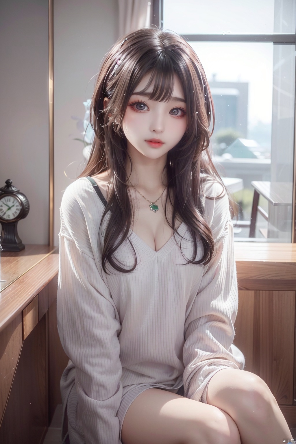  babata,1girl,solo,long hair,curled hair,looking at viewer,black hair,hair ornament,wearing sweater,green sweater,sitting,closed mouth,purple eyes,lips, (\MBTI\)